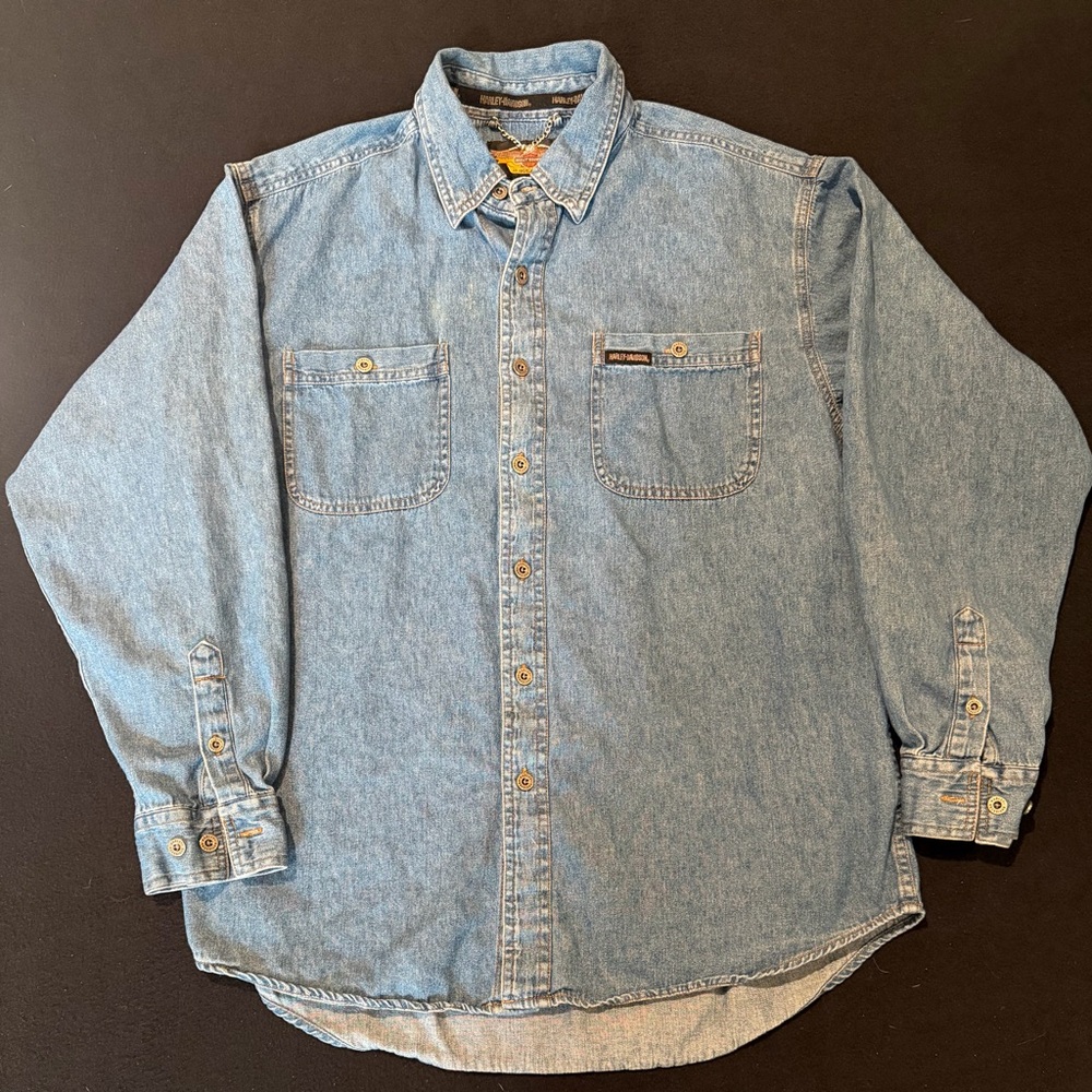 Harley Davidson USA Flag With Eagle Mens Denim Blue Jean Shirt Size Large